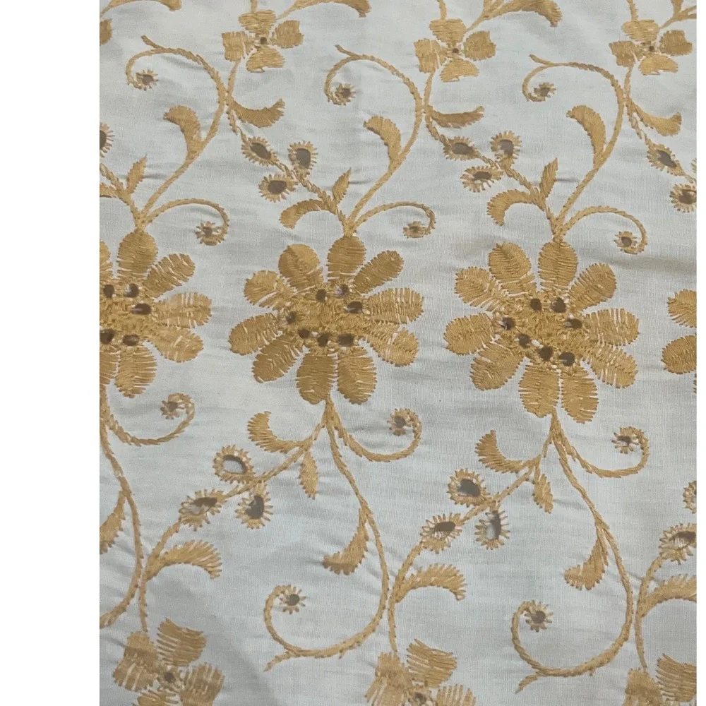Vtg Embroidered Dresser Scarf Table Runner Ecru Eyelet  16x28 gold Yellow Floral